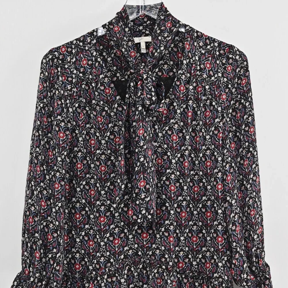JOIE Dress Sz S Jamira Black Floral Silk Tie Neck Bell Sleeve Ruffle Mini Ditsy‎